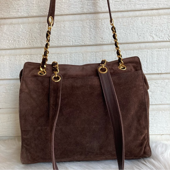 CHANEL Brown Suede Jumbo CC Chain Tote Handbag Vintage Classic - Picture 6 of 16